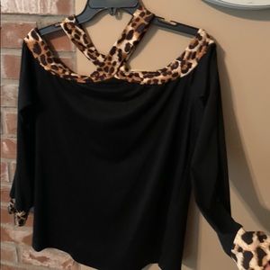 Large black/animal print cold shoulder top